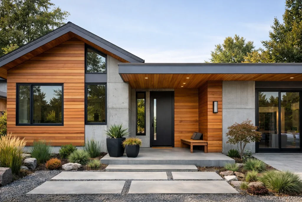 Warm Wood Accents on a Concrete or Stucco Base