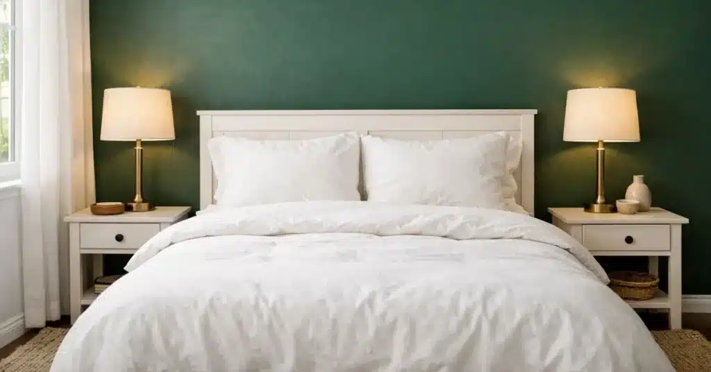  DIY forest green accent wall behind a white bed frame in a budget bedroom makeover