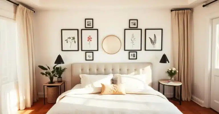 DIY gallery wall with black frames, botanical prints, and a round mirror above a bed