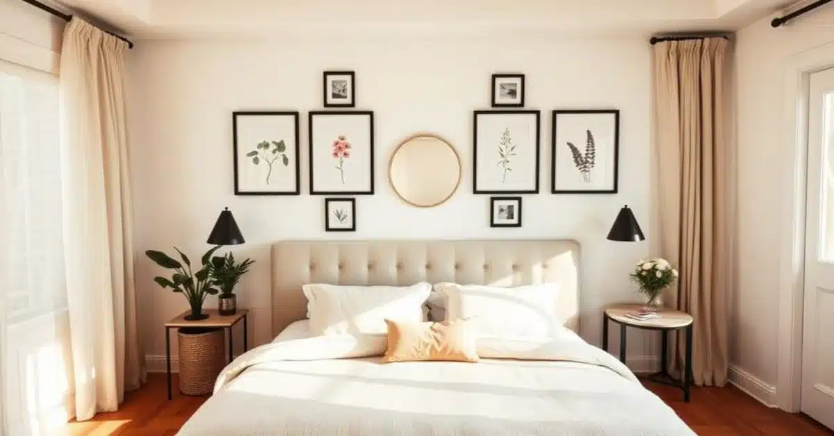 DIY gallery wall with black frames, botanical prints, and a round mirror above a bed