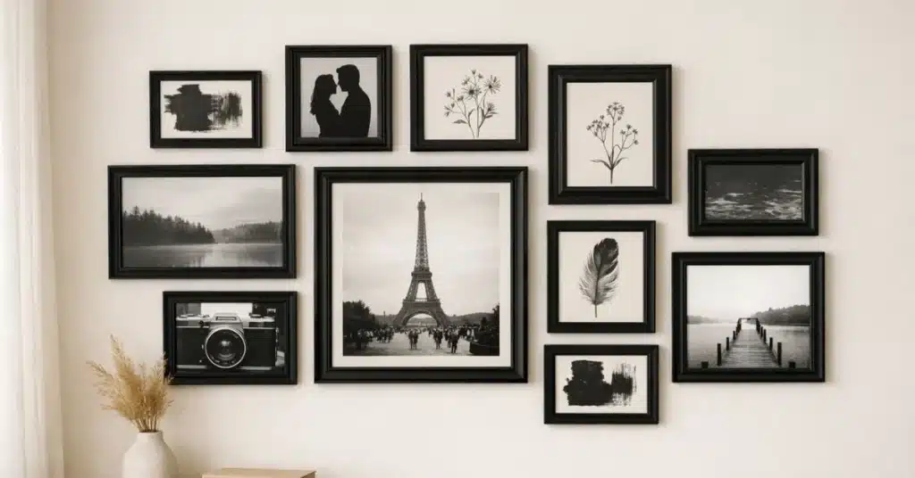 DIY gallery wall made with thrifted frames painted matte black displaying botanical and photography prints