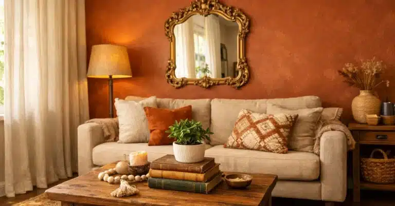 Budget-friendly DIY living room decorated with accent wall, thrifted mirror, and layered rugs