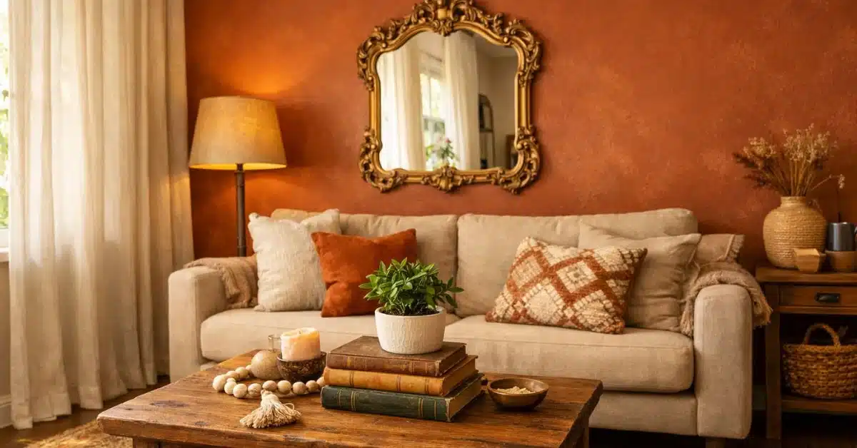 Budget-friendly DIY living room decorated with accent wall, thrifted mirror, and layered rugs