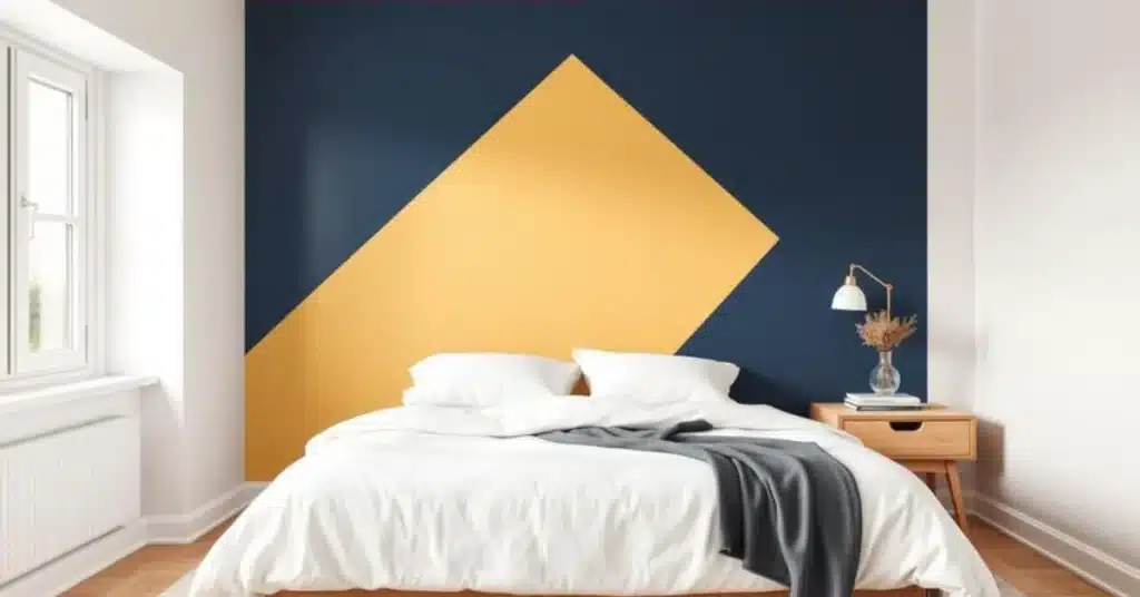 DIY navy and cream geometric painted accent wall in a minimalist bedroom