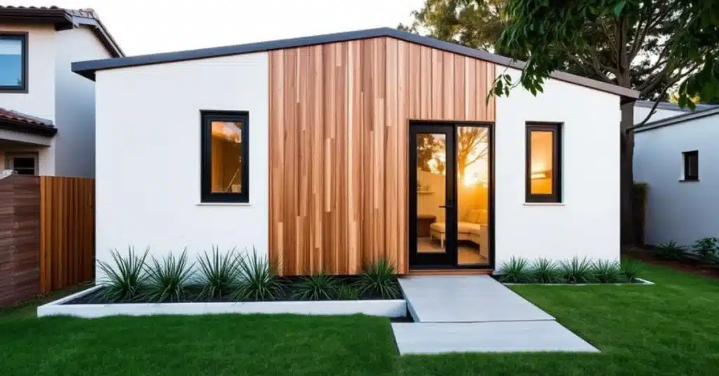 Modern small house with white render and vertical cedar timber cladding accent at entry