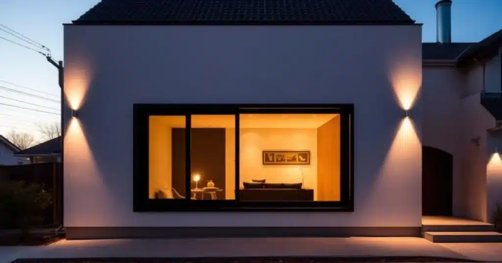 Modern small house exterior with oversized floor-to-ceiling black aluminum framed window