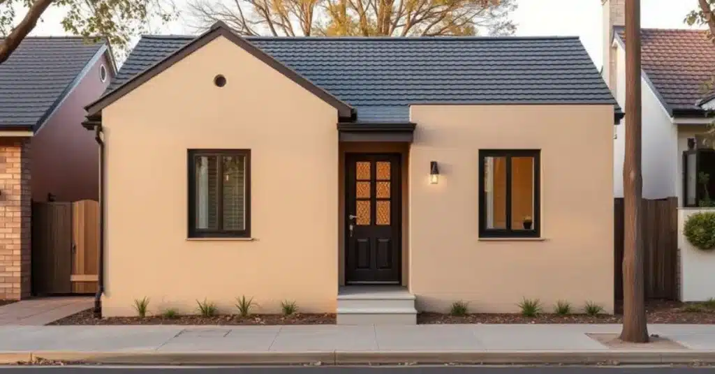 Small house exterior finished in smooth warm greige lime render with black window frames
