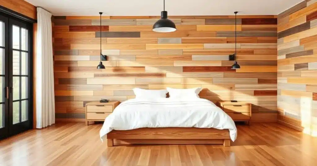 Reclaimed wood plank accent wall behind a king bed in a modern farmhouse bedroom